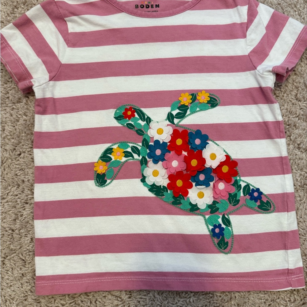 Mini Boden Pink and White Striped Tee with Floral Turtle